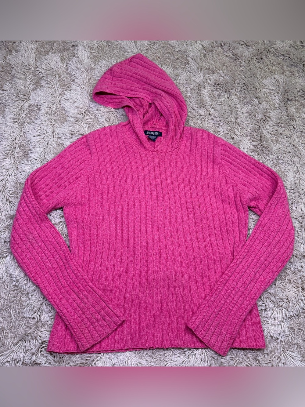 Aeropostale Pink Ribbed Knit Hooded Sweater Women’s XL Cotton Blend
